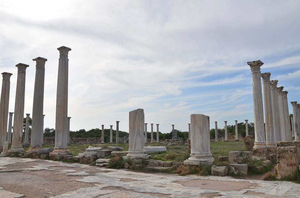 The Gymnasium with its columned palaestra, built over the ruins of an earlier Hellenistic gymnasium in the 2nd century AD during Trajan and Hadrian's reign after Salamis had been greatly damaged in 116 AD during Jewish revolt, Salamis, Northern Cyprus