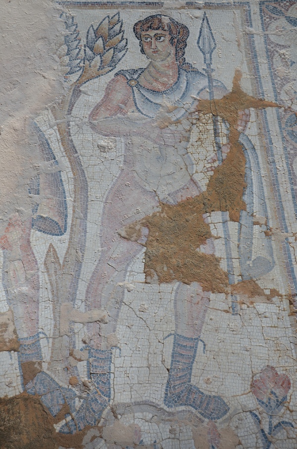 Mosaic pavement depicting a hunter holding a spear in the Nile Festival House, early 5th century AD.