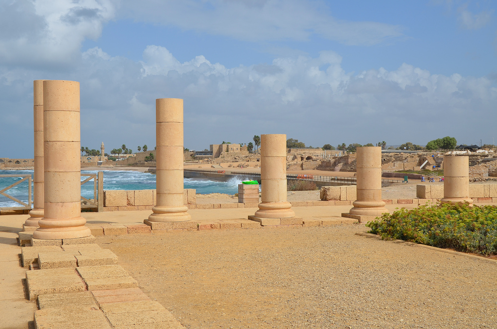 The peristyle of the Upper Terrace of the Promontory Palace of Herod the Great with the Hippodrome in the background.
