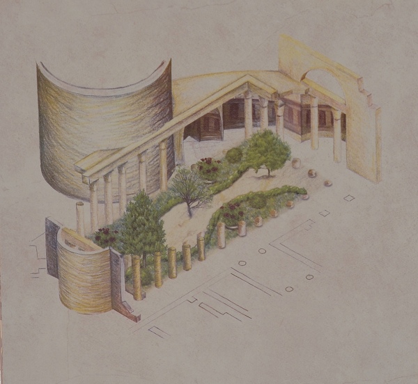 Reconstruction drawing of the of the palace courtyard surrounded by a roofed colonnade whose columns bore Corinthian capitals. Two large exedrae were built on both sides of the courtyard.