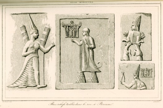 Engraving from reliefs at Yazilikaya by French archaeologist Charles Texier (1882).