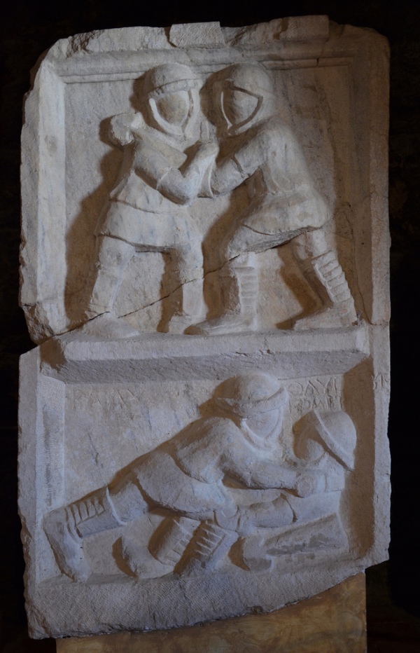 Relief with gladiatorial scenes, beginning of the 3rd century AD, from the Northern Necropolis of Hierapolis, Hierapolis Archaeology Museum, Turkey